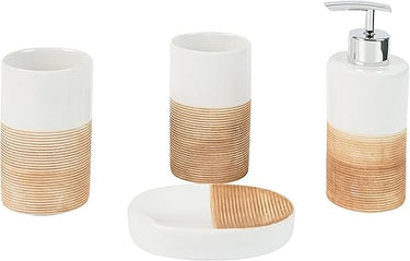 axentia Juego de 4 Accesorios para Baño de Dolomita Rimini, Dispensador de Jabón, Soporte para Cepillos de Dientes, Vaso de Enjuague y Jabonera, Beige/Blanco